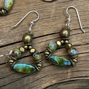 Handmade antique brass and aqua blue-green-brown swirl beaded earrings